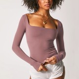 Women's Long Sleeve Solid Crop Square Neck T-Shirt
