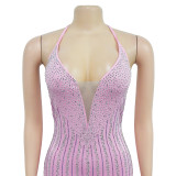 Women's Solid Color Beaded Mesh Feather Lace-Up Dress