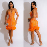 Women's Solid Color Beaded Mesh Feather Lace-Up Dress