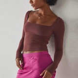 Women's Long Sleeve Solid Crop Square Neck T-Shirt