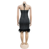 Women's Solid Color Beaded Mesh Feather Lace-Up Dress