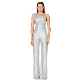 Women's Sleeveless One Shoulder Low Back Sequined Jumpsuit