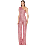 Women's Sleeveless One Shoulder Low Back Sequined Jumpsuit