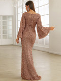 Spring Summer Fashion V Neck Bodycon Sequin Dress Mid Waist Bell Bottom Sleeve Long Evening Gown