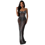 Women's Fashion Solid Color Mesh Beaded Slip Maxi Dress