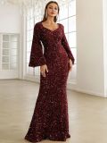 Spring Summer Fashion V Neck Bodycon Sequin Dress Mid Waist Bell Bottom Sleeve Long Evening Gown