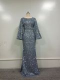 Spring Summer Fashion V Neck Bodycon Sequin Dress Mid Waist Bell Bottom Sleeve Long Evening Gown