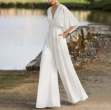 Spring And Summer Solid Color Fashion V-Neck Jumpsuit Mid-Waist Chic Career Jumpsuit