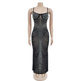 Women's Fashion Solid Color Mesh Beaded Slip Maxi Dress