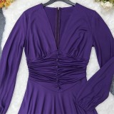 Slim Fit Chic V Neck Long Sleeves Slim Waist A-Line Midi Dress Women's Summer Dress