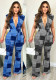 Ladies' Denim Print V-Neck Sleeveless Belted Jumpsuit