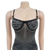Women's Fashion Solid Color Mesh Beaded Slip Maxi Dress