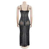 Women's Fashion Solid Color Mesh Beaded Slip Maxi Dress