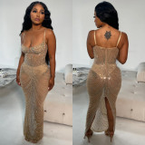 Women's Fashion Solid Color Mesh Beaded Slip Maxi Dress
