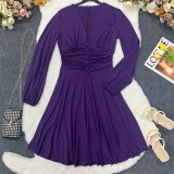 Slim Fit Chic V Neck Long Sleeves Slim Waist A-Line Midi Dress Women's Summer Dress