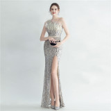 Women Ostrich Beamed Slash Shoulder Side Slit Evening Dress