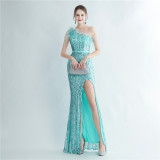 Women Ostrich Beaded Feather Slash Shoulder Side Slit Evening Dress