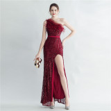Women Ostrich Beamed Slash Shoulder Side Slit Evening Dress