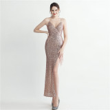 Women Beaded Sequined Side Slit Camisole Sexy Evening Dress