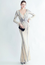 Women sequined ostrich fur long-sleeved evening dress