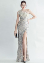 Women Ostrich Beamed Slash Shoulder Side Slit Evening Dress