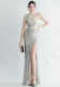 Women Ostrich Beamed Slash Shoulder Side Slit Evening Dress