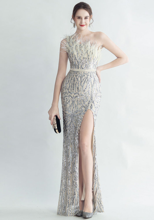 Women Ostrich Beamed Slash Shoulder Side Slit Evening Dress