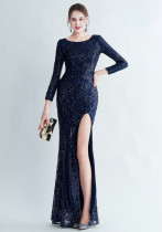 Women Sequin Long Sleeve Slit Evening Dress