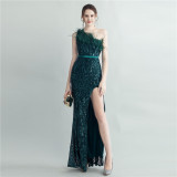 Women Ostrich Beamed Slash Shoulder Side Slit Evening Dress