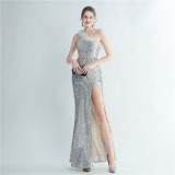 Women Ostrich Feather Sequined Slash Shoulder Evening Dress
