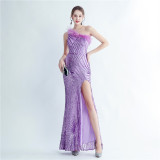 Women Ostrich Feather Sequined Slash Shoulder Evening Dress