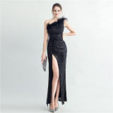 Women Ostrich Fur Slash Shoulder Roman Neck Sequined Evening Dress