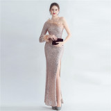 Women Ostrich Fur Slash Shoulder Roman Neck Side Slit Evening Dress