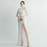 Women Ostrich Beamed Slash Shoulder Side Slit Evening Dress