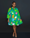 Ladies Printed V-neck Long Sleeve Dress