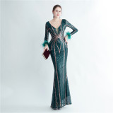 Women sequined ostrich fur long-sleeved evening dress