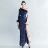 Women Ostrich Fur Slash Shoulder Roman Neck Side Slit Evening Dress