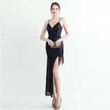 Women Beaded Sequined Side Slit Camisole Sexy Evening Dress