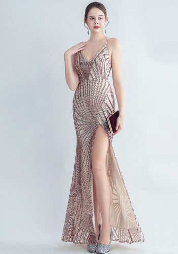 Women Sequined Side Slit Evening Dress