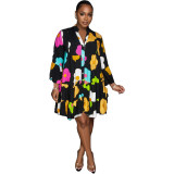 Ladies Printed V-neck Long Sleeve Dress