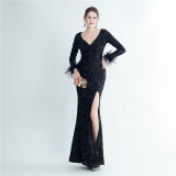 Women Ostrich Fur Cuff Side Slit Long Sleeve Sequined Mermaid Evening Dress