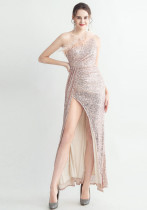 Women Ostrich Fur Slash Shoulder Roman Neck Sequined Evening Dress