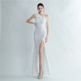 Women Ostrich Feather Sequined Slash Shoulder Evening Dress