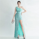Women Ostrich Beamed Slash Shoulder Side Slit Evening Dress