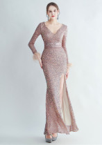 Women Ostrich Fur Cuff Side Slit Long Sleeve Sequined Mermaid Evening Dress