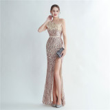Women Ostrich Beaded Feather Slash Shoulder Side Slit Evening Dress