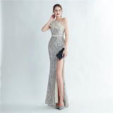 Women Ostrich Beaded Feather Slash Shoulder Side Slit Evening Dress
