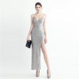 Women Beaded Sequined Side Slit Camisole Sexy Evening Dress