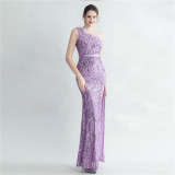 Women Ostrich Beamed Slash Shoulder Side Slit Evening Dress