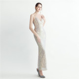 Women Beaded Sequined Side Slit Camisole Sexy Evening Dress